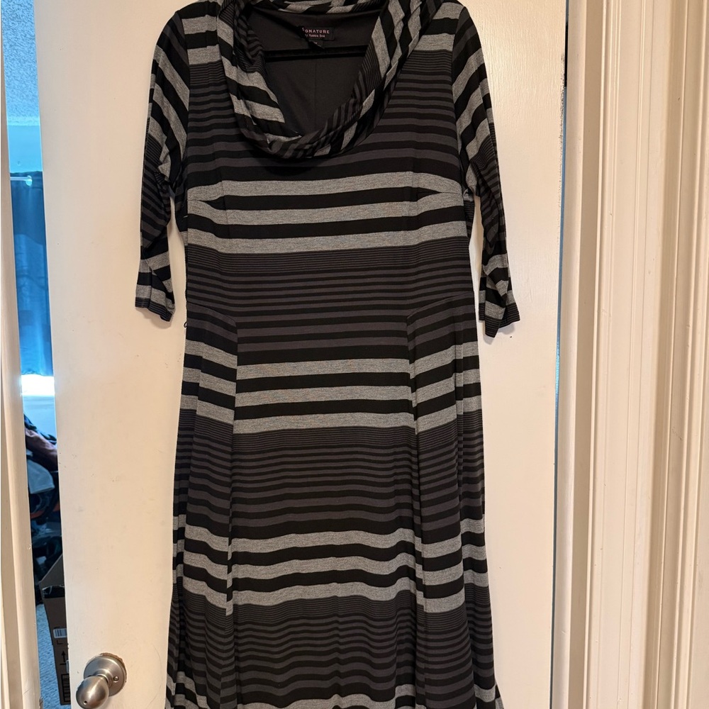 Robbie Bee Black and Gray Striped Long Sleeve Dress